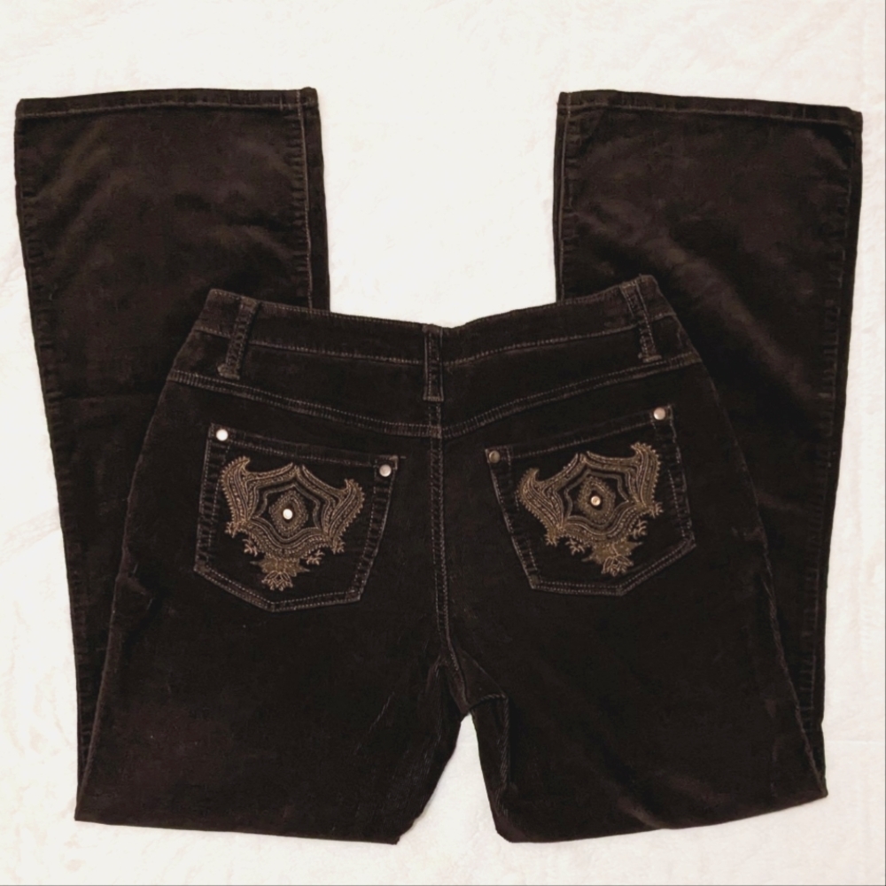Fashion Bug Corduroy Flared Pants Dark Brown Stretch Embroidery Cotton Fall
